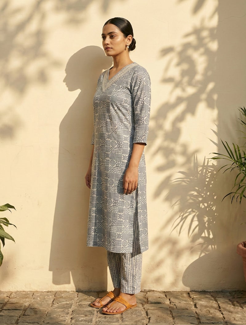 trueBrowns Grey Print Embroidered Straight Kurta Pant Dupatta Set - Image 2